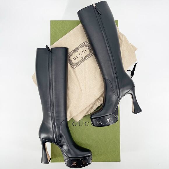 NWB Gucci Black Janaya Platform GG Studded Tall Knee High Boot size EU 38 - Picture 1 of 16